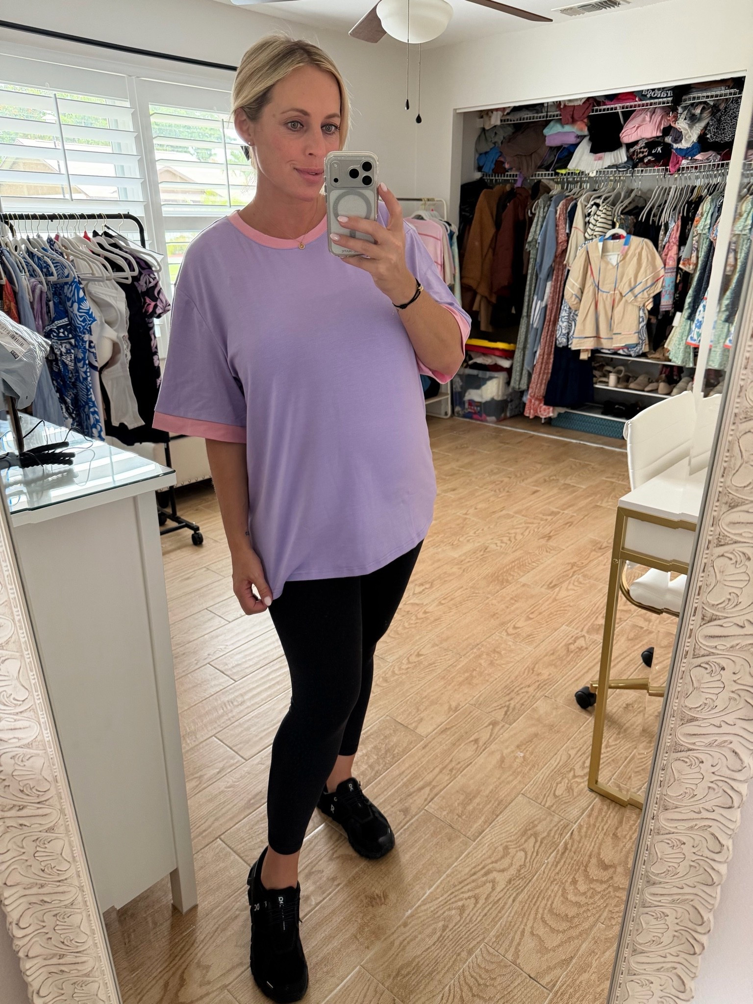 Casual outfit. Wearing XL in oversized tee, 10 in Lululemon leggings and 9 in on cloud sneakers. 26 weeks pregnant

#LTKootd #LTKMidsize #LTKBump