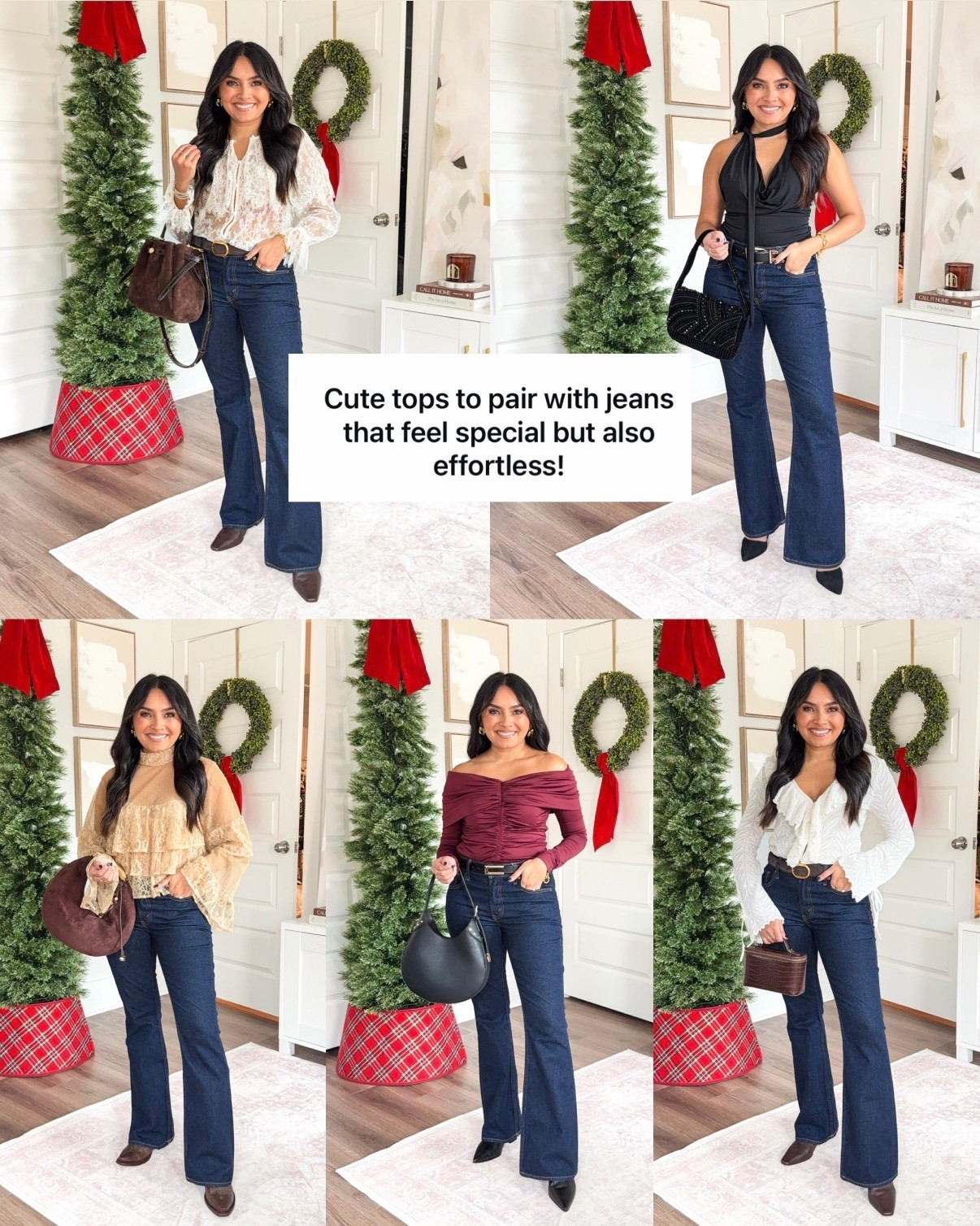 Cute going out tops to pair with jeans!
For reference: I’m 5’0, 32b bra size, and 2/26 in bottoms, pear shaped. 
*Everything I share is unaltered! TTS means true to size. Between size 5-6.6 in shoes

White lace top size xs petite TTS
Black tie neck top size xxs TTS
Ivory sand lace ruffle top size xs petite TTS
Burgundy pome fruit color off the shoulder top size xxs regular TTS
White ruffle tie cuff top size xs petite TTS
Dark rinse mid rise bootcut jeans size 26 short TTS
Dark brown belt size 27-31” TTS
Black studded belt size xs TTS
Dark brown leather boots size 5.5 TTS
Black heels size 5 TTS
Cafe brown cowgirl boots size 5.5 - size down a half size
Black boots size 5.5 TTS
Black buckle belt size xs TTS
Dark brown leather boots size 5.5 TTS


tops to wear with jeans
cute tops for jeans
casual chic outfits
effortless outfit ideas
date night tops
holiday tops
petite friendly tops
fall tops 2025
winter tops 2025
elevated casual outfits
everyday outfits for petites
jeans outfit ideas
dressy casual outfits
Top with jeans 
cute going out tops
Girls night outfit
Rachel Miranda Blog
Honeysweetpetite
Honey Sweet Petite


#LTKPetite #LTKHoliday #LTKGiftGuide