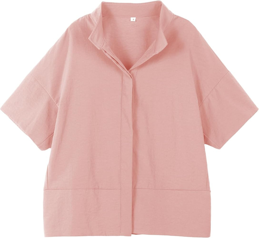 Ainangua Women Casual Button Down Shirts Oversized Short Sleeve Stand Collar Tops Trendy Work Blo... | Amazon (US)