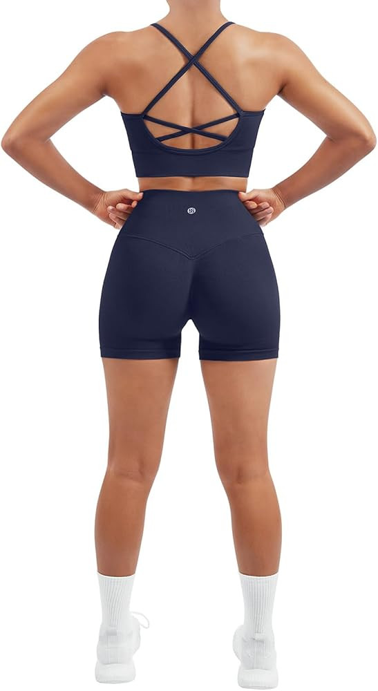 SUUKSESS Women Seamless 2 Piece Workout Sets Criss Cross Sports Bra High Waist Booty Shorts | Amazon (US)