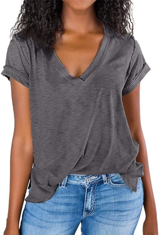 Womens Summer Short Sleeve T Shirts Slit V Neck Tunic Tops Casual Loose Cotton Tee Gray | Amazon (US)