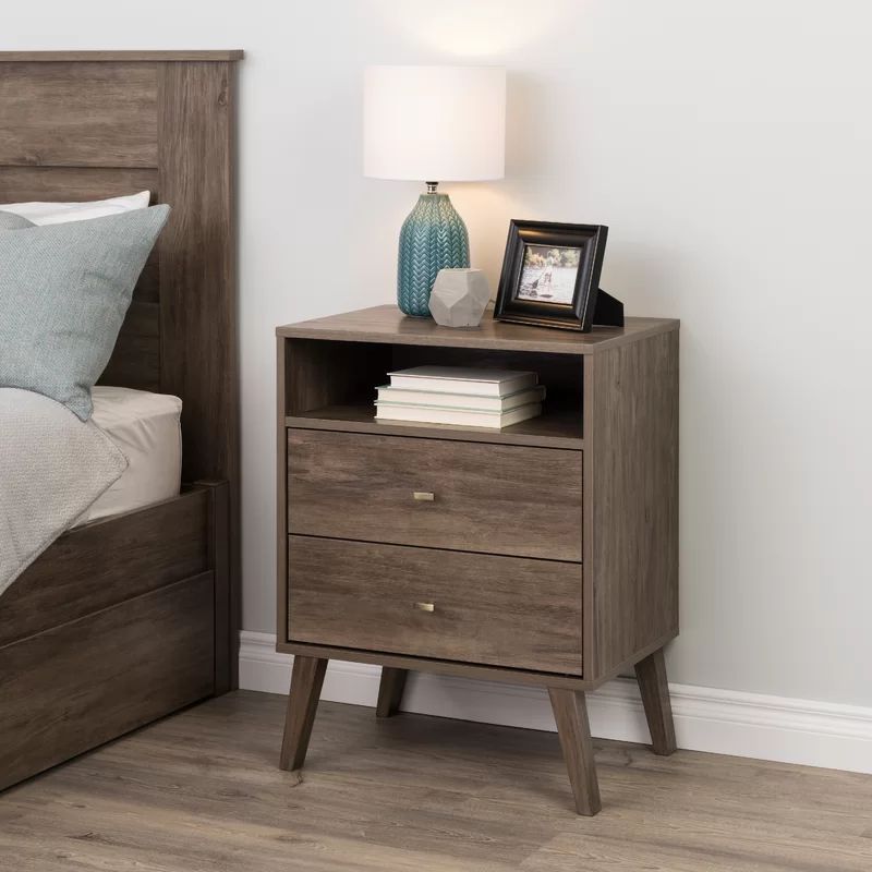 Drifted Gray Shamar Mid Century Modern 2 Drawer Nightstand | Wayfair North America