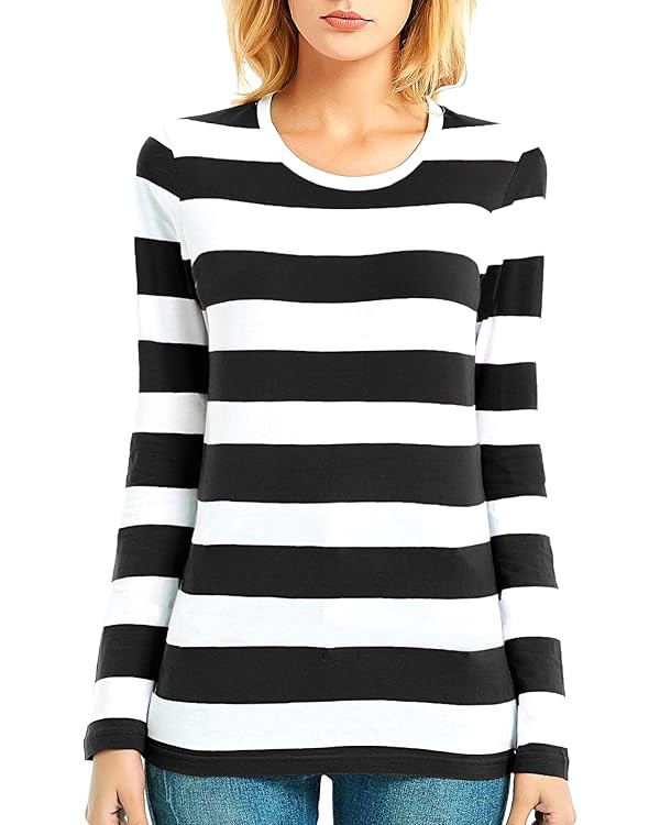 Zecmos Long Sleeve T Shirt Women Striped Tee Crew Neck Wide Stripes Tops Casual | Amazon (US)