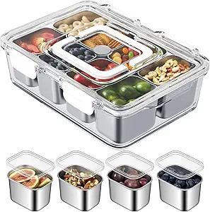 Snackle Box Container, Stainless Steel Divided Serving Tray with Lid and Handle, 8 Compartment Po... | Amazon (US)
