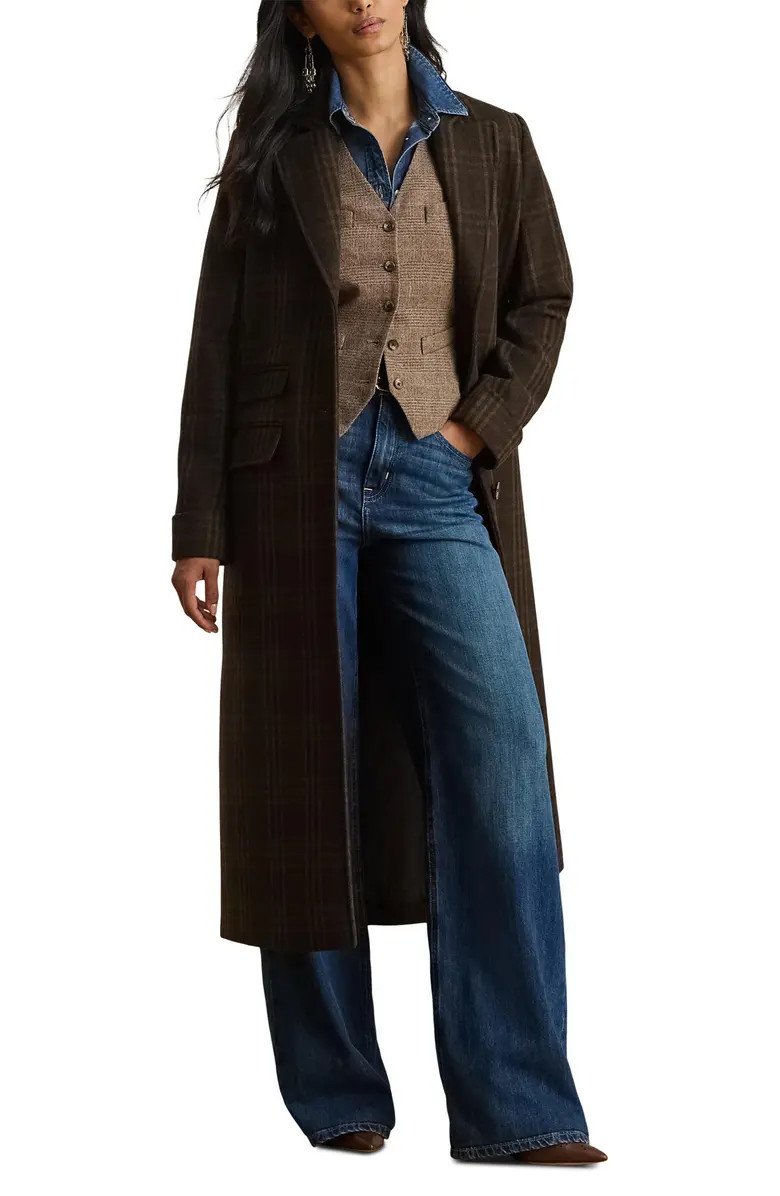 Longline Plaid Wool Blend Reefer Coat | Nordstrom