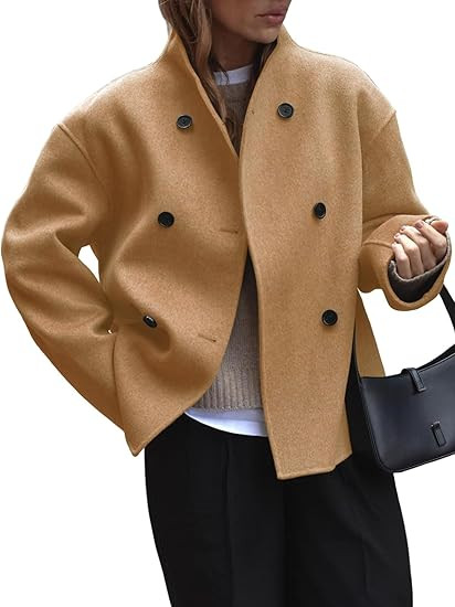 Tankaneo Womens Winter Pea Coats Cropped Double Breasted Long Sleeve Oversized Casual Jackets | Amazon (US)