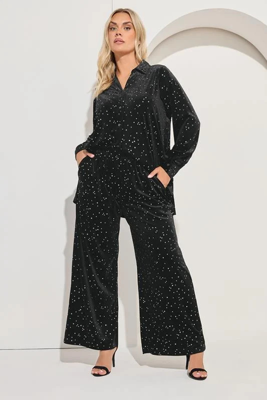 YOURS Plus Size Black Star Velour Wide Leg Trousers | Yours Clothing UK