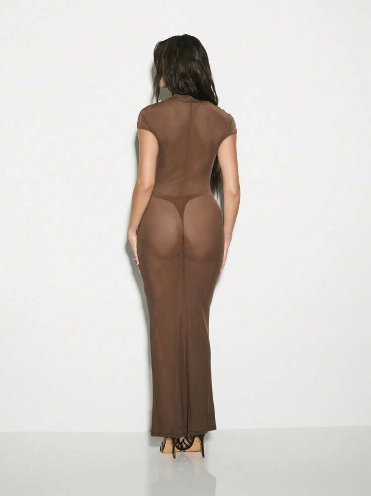 KIZN Mesh Power Panel Short Sleeve Maxi Dress Evening Party Club Wear See Through Full Length Bod... | SHEIN