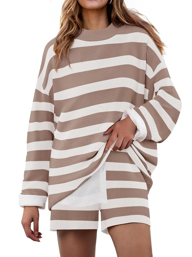 ZESICA Striped Lounge Sets for Women Fall 2025 2 Piece Oversized Outfits Long Sleeve Tops and Sho... | Amazon (US)