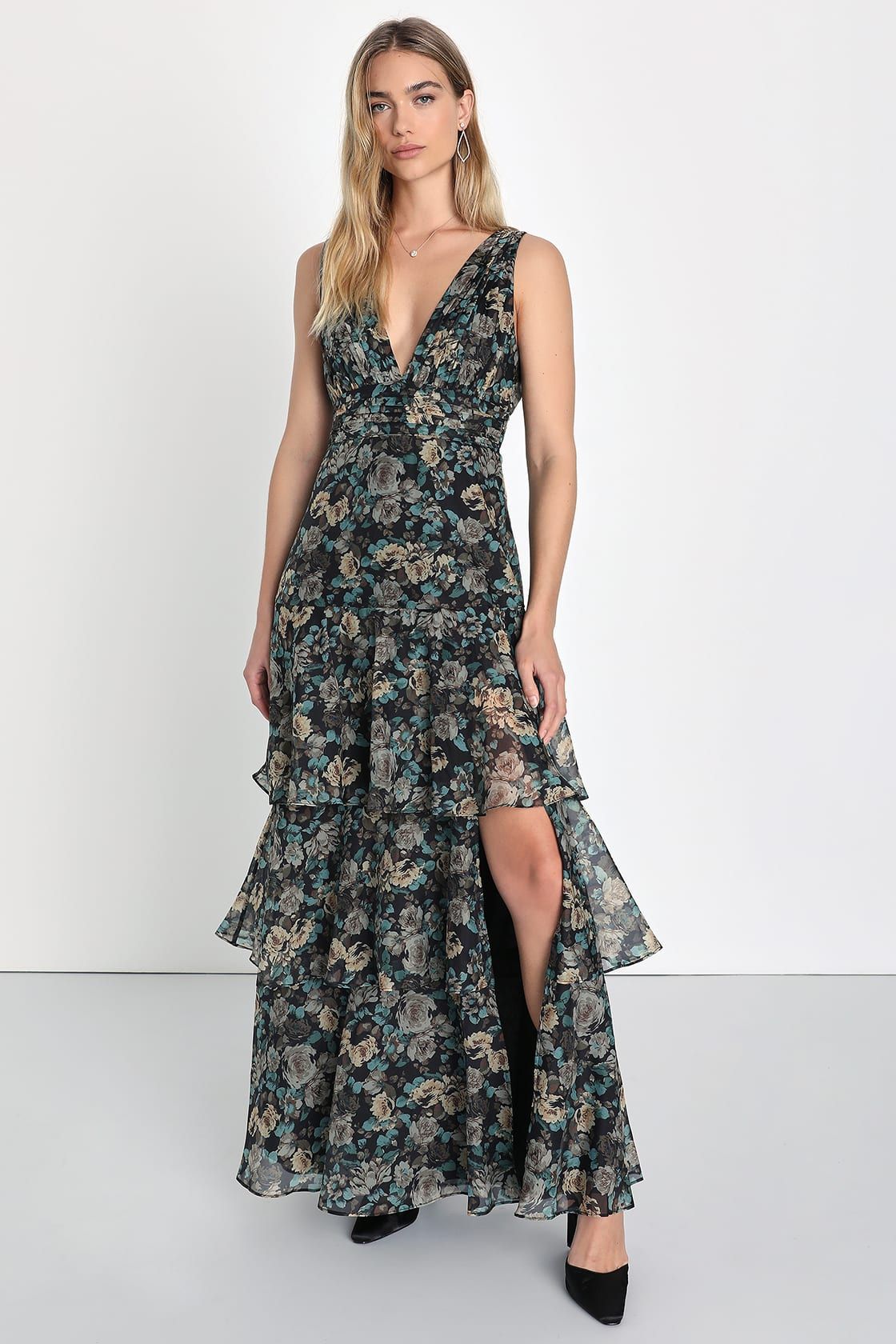 Sweeping Sensation Black Floral Print Organza Pleated Maxi Dress | Lulus