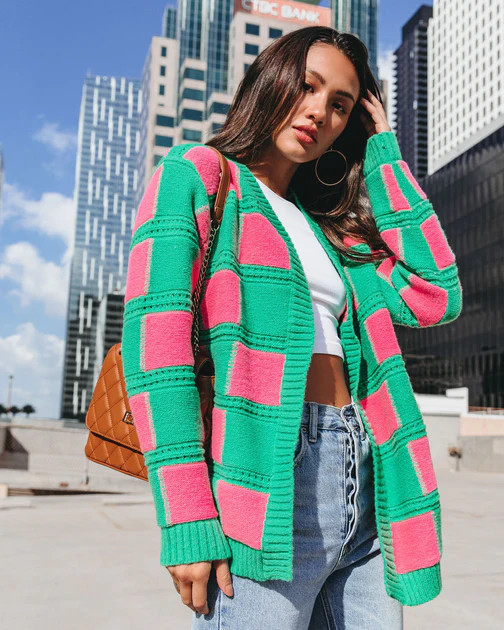 Check Please Knit Open Front Cardigan - Green/Pink  - FINAL SALE | VICI