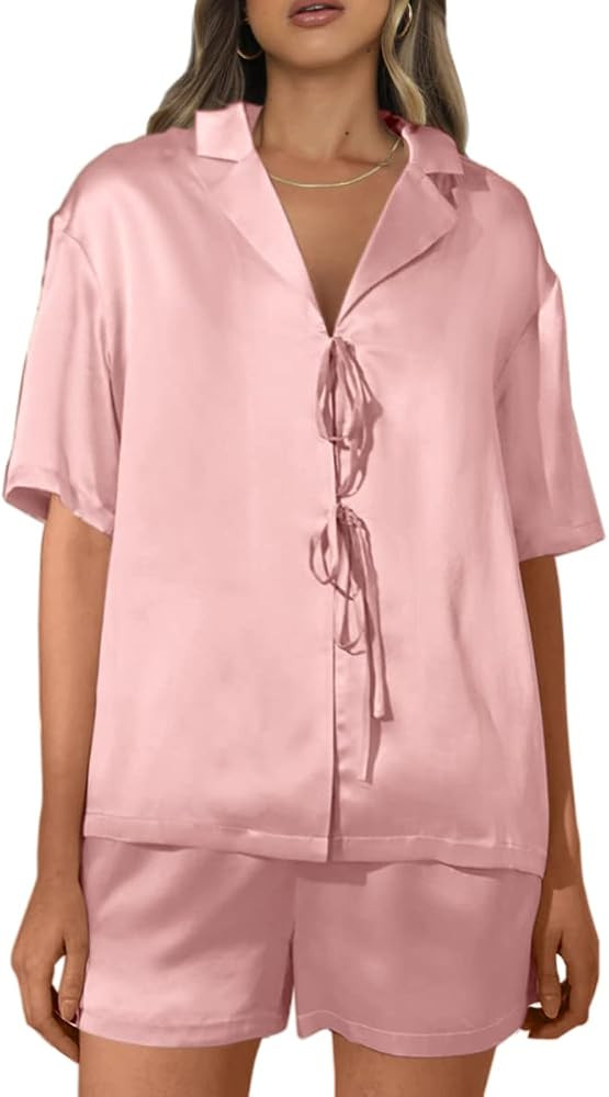 CHYRII Women's Silk Satin Pajamas Sets Tie Front Short Sleeve Tops and Shorts Two Piece Pj Sets S... | Amazon (US)