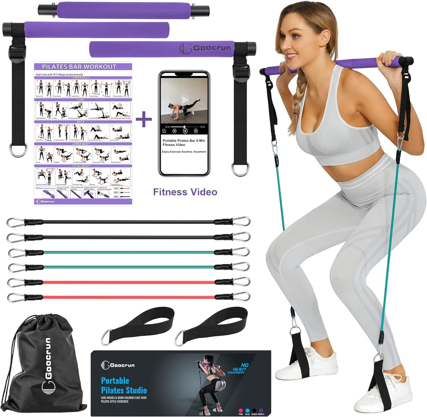 Goocrun Portable Pilates Bar Kit with Resistance Bands for Men and Women - 6 Exercise Resistance ... | Amazon (US)