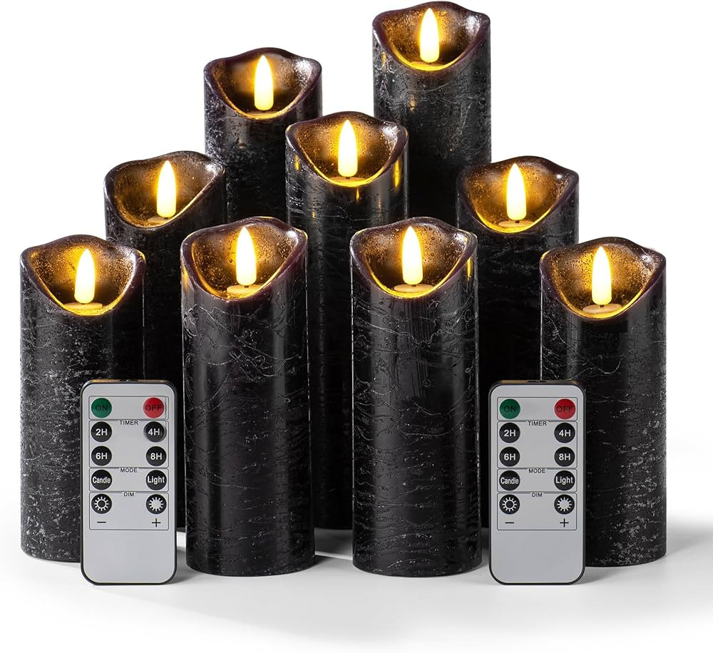 Set of 9 Black Regular Textured Flameless Candles Battery Operated LED Real Wax Electric Candles ... | Amazon (US)