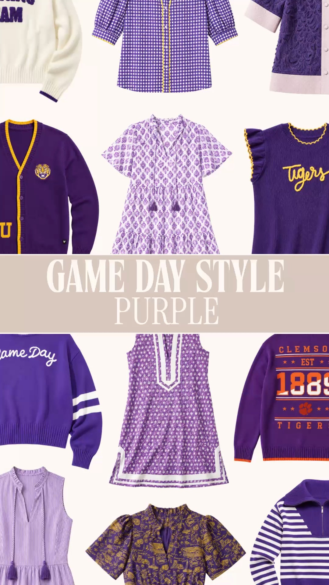 Purple game day outfits | college football outfits | NFL game day style | tailgate outfits

The purple game day edit has entered the chat, and this color belongs to some committed fan bases. 💜 I pulled together feminine game day dresses, purple sweaters, striped pullovers, collegiate cardigans and purple and gold finds from all over the internet so you can shop by team color in one place.

These work for LSU Tigers, Clemson Tigers, TCU Horned Frogs, Kansas State Wildcats, Washington Huskies, Northwestern and James Madison Dukes game day outfits.

NFL girls, your purple is covered too. Think Baltimore Ravens and Minnesota Vikings outfits for stadium days, tailgates, football Sunday and watch parties.

For hot early season games, start with purple mini dresses, sleeveless block print dresses and short sleeve tops with sneakers, sandals or cowboy boots. When football weather arrives, move into purple game day sweaters, varsity cardigans, striped quarter zips and collegiate knitwear with denim, skirts or white jeans.

Whether you are heading to an SEC tailgate, ACC football game, Big 12 stadium, Big Ten game, NFL kickoff or alumni watch party, these preppy team color pieces give you school spirit and outfits you will wear beyond Saturday.

purple game day outfit women, college football outfit, football game outfit, tailgate outfit women, purple game day dress, purple football sweater, LSU game day outfit, Clemson game day outfit, TCU outfit, Ravens outfit women, Vikings outfit women, SEC game day outfit, stadium outfit women, cute game day outfits, football season outfits

#LTKFindsUnder50 #PreppyStyle #LookForLess #GameDayOutfit #CollegeFootball #NFLStyle #TailgateOutfit #BackToSchoolOutfit

#LTKSeasonal #LTKootd #LTKOver40
