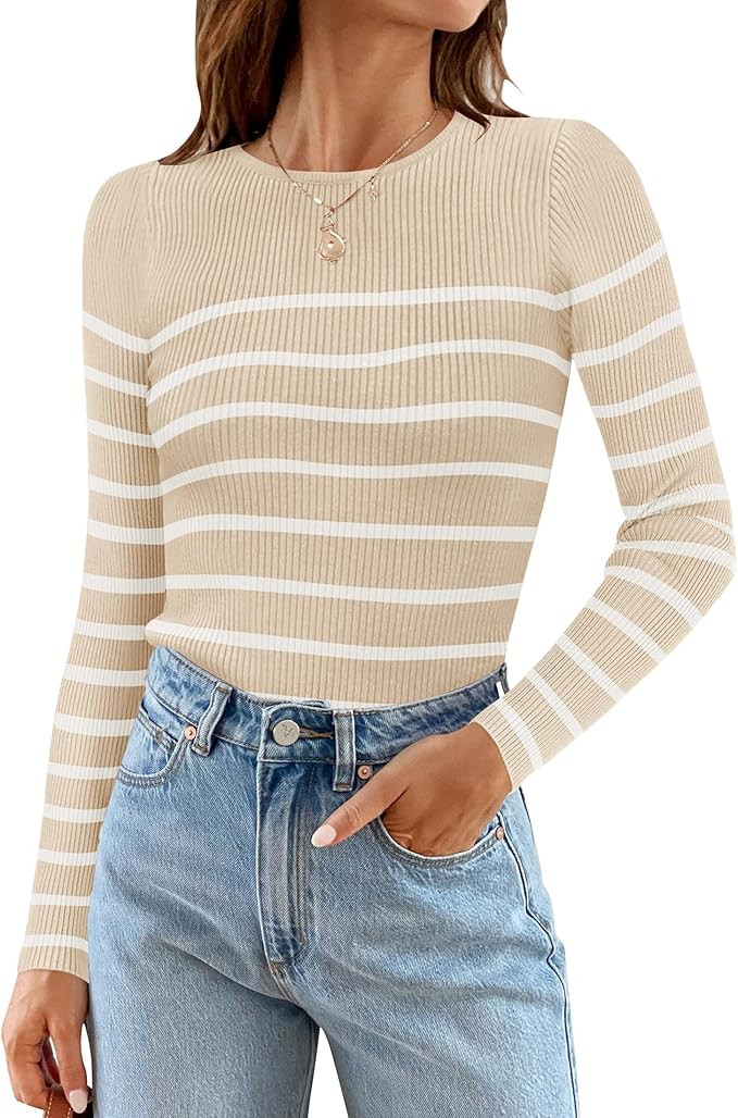 ZESICA Women's Long Sleeve Crewneck Striped Shirts 2024 Spring Fall Ribbed Knit Sweater Slim Fitt... | Amazon (US)