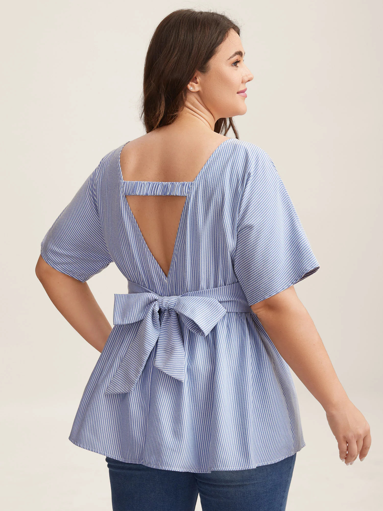 Backless Bow Tie Stripe Print Cinched Blouse | Bloomchic