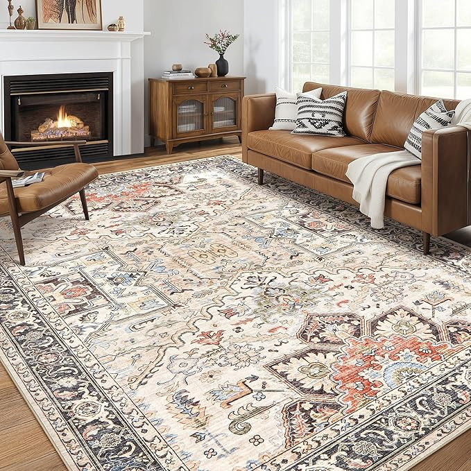 8x10 Area Rugs for Living Room - Large Carpet Ultra Thin Soft Washable Oriental Vintage Floral Di... | Amazon (US)