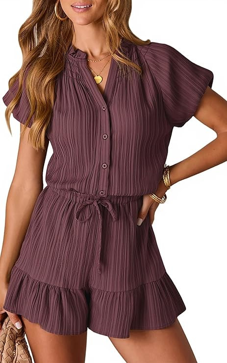 Angashion Womens Summer Shorts Rompers V Neck Puff Sleeve Casual Button Up Wide Leg Elastic Waist... | Amazon (US)