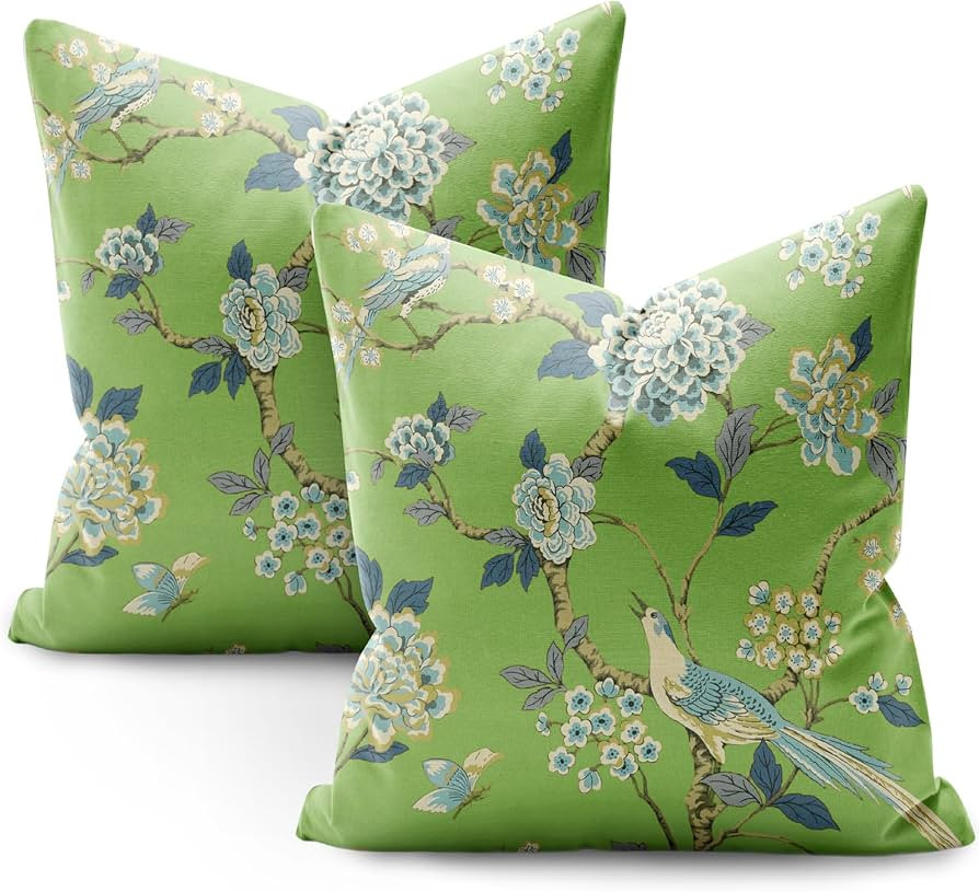SMF Chinoiserie Pillow Covers 18x18 Set of 2,Green Flower and Bird Pillow Cover Chinoiserie Decor... | Amazon (US)