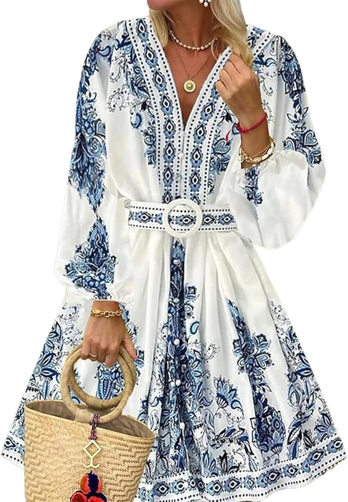 Womens Spring Blue White Floral Print Dresses 2025 Retro Lantern Sleeve Dress Button up Deep V Ne... | Amazon (US)