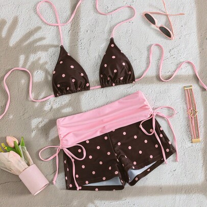 Women's 2-Piece Brown Polka Dot Bikini Swimwear Set,Cute Halter Backless Top With Side Tie Shorts,Summer Beach Holiday Fashion Resort Outfits | SHEIN
