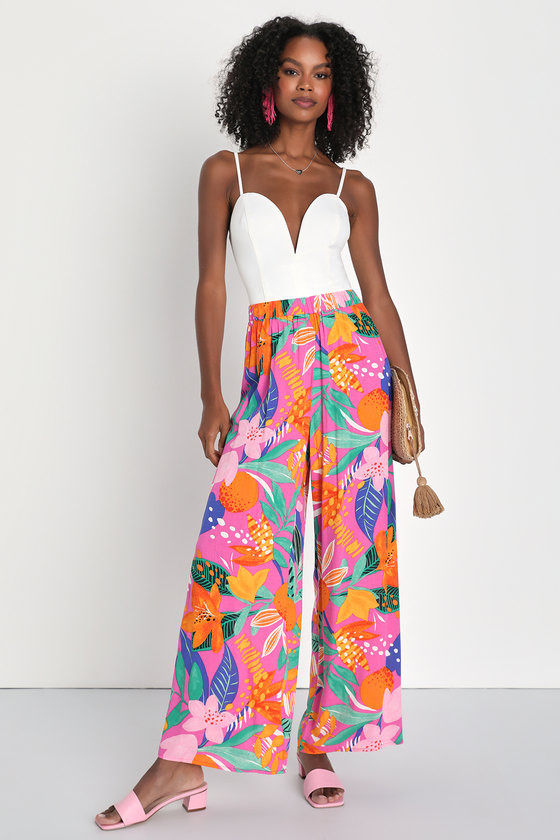 Spontaneous Sweetie Pink Multi Tropical Print Wide Leg Pants | Lulus (US)