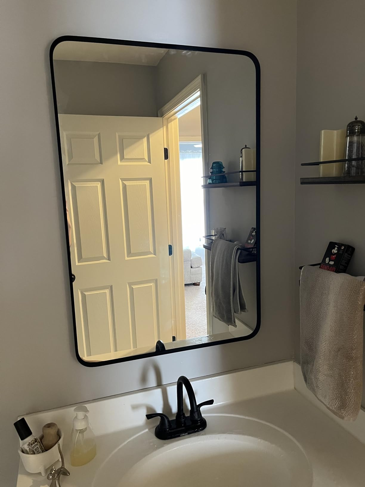 Wall Mount Mirror for Bathroom, Brushed Black Metal Framed Rounded Corner Rectangular Vanity Mirror (24" x 36", Black) | Amazon (US)