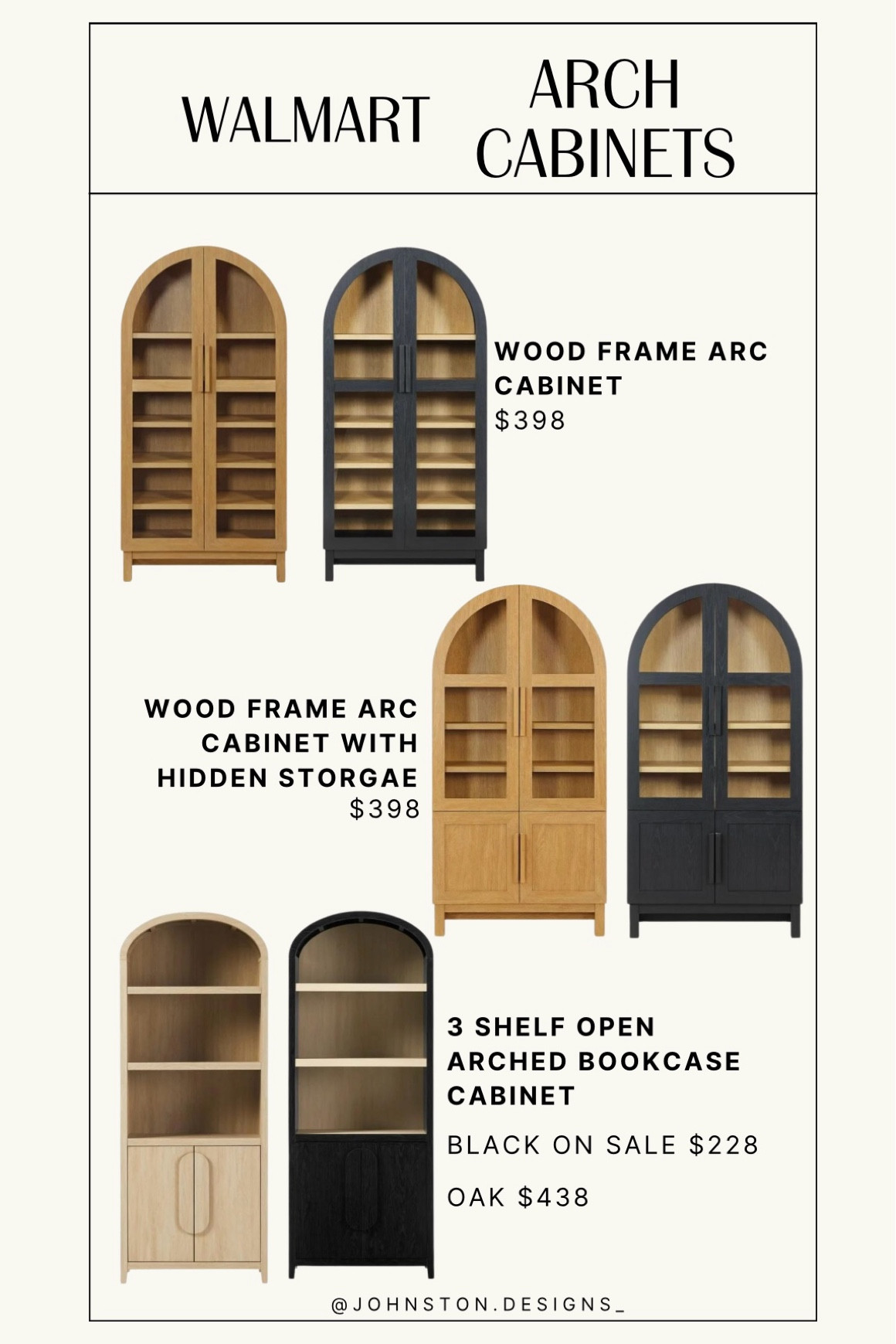 I have all three of these cabinets at my primary and second home.  They are all so stunning and amazing quality!

The top and middle are currently $398 and both colors are in stock.  

The bottom the black is on sale for $228! Amazing price that I’m sure won’t last long!


Affordable Home Finds | Arc Cabinets | Arched Bookcase Cabinet | Home Decor | Curio Cabinet | Glass Cabinet | Neutral Home Decor  

#LTKSaleAlert #LTKHome