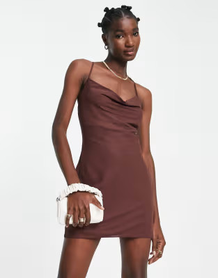 ASOS DESIGN cowl neck mini dress with lace up back in chocolate | ASOS (Global)
