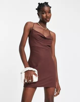 ASOS DESIGN cowl neck mini dress with lace up back in chocolate | ASOS | ASOS (Global)