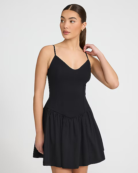 Mixed Media V-Neck Drop Waist Mini Dress | Express
