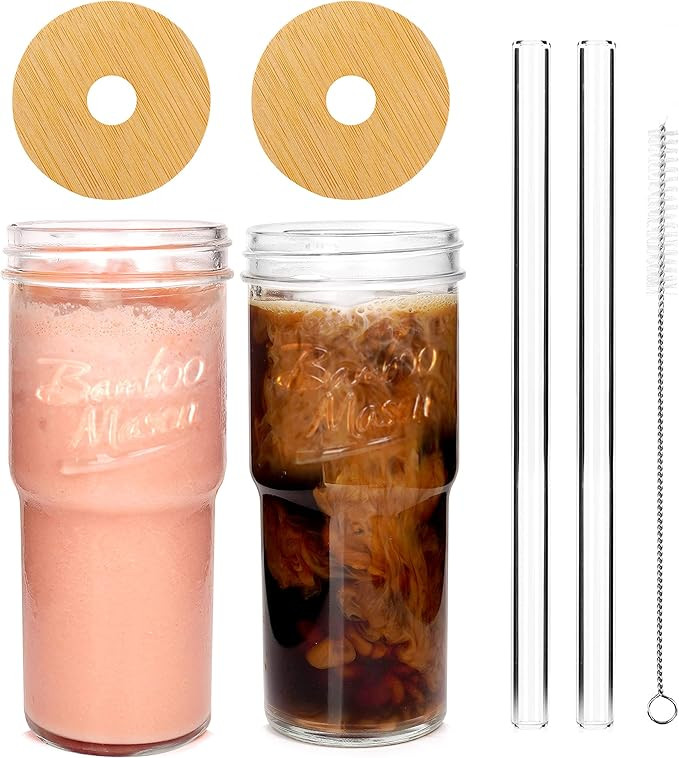 ANOTION Glass Cups with Lids and Straws 2 Packs, 24oz Travel Coffee Mug Wide Mouth Bamboo Mason J... | Amazon (US)