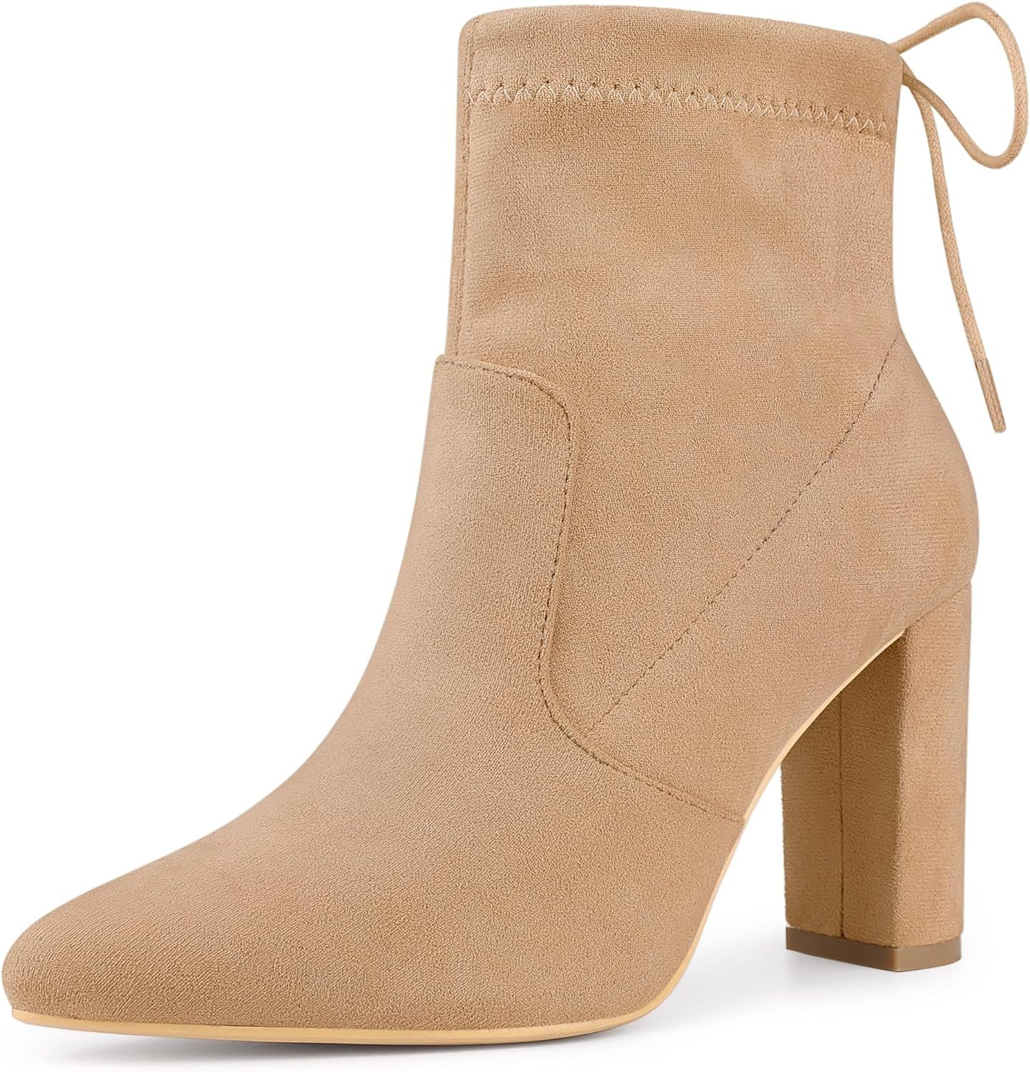 Allegra K Women's Pointed Toe Drawstring Pull on Block Heel Ankle Boots | Amazon (US)