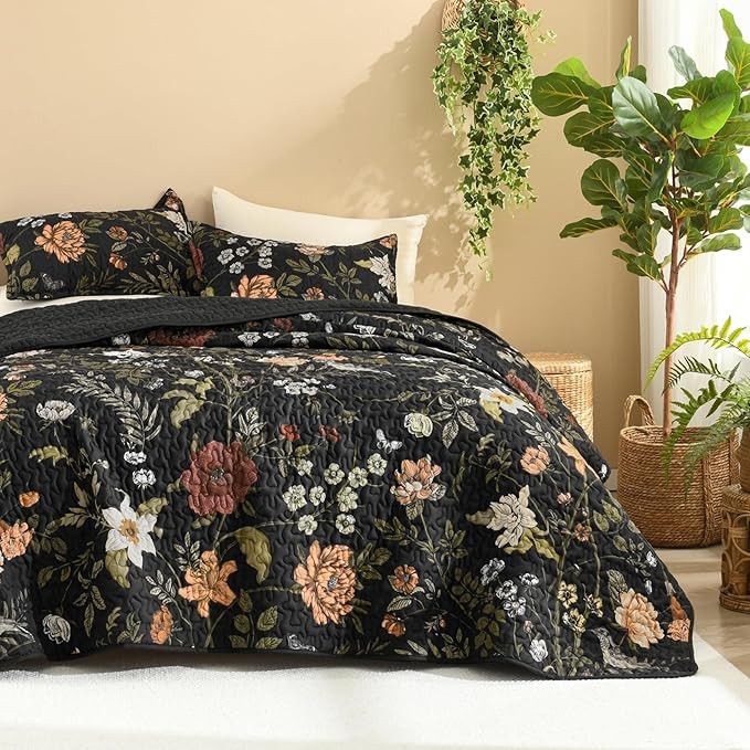 Litanika Floral Black Quilt Queen Size - 3 Pieces Botanical Birds Pattern Quilt Bedding, Lightwei... | Amazon (US)