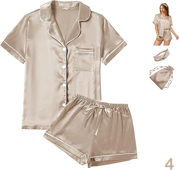 WJing Yi Jia 4Pcs Womens Satin Silky Pajama Sets Short Sleeve Shirt XS-4XL Floral Pajamas Set Sof... | Amazon (US)
