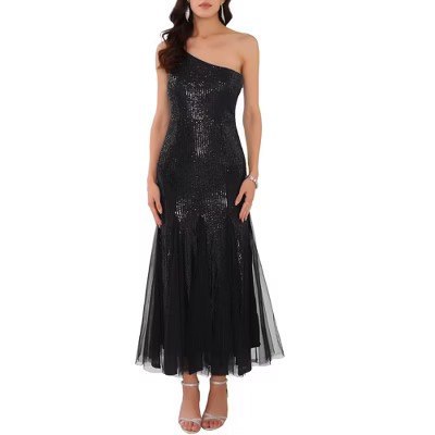 INSPIRE CHIC Women's Sequin Maxi One Shoulder Mermaid Prom Evening Wedding Cocktail Dress Black Large | Target