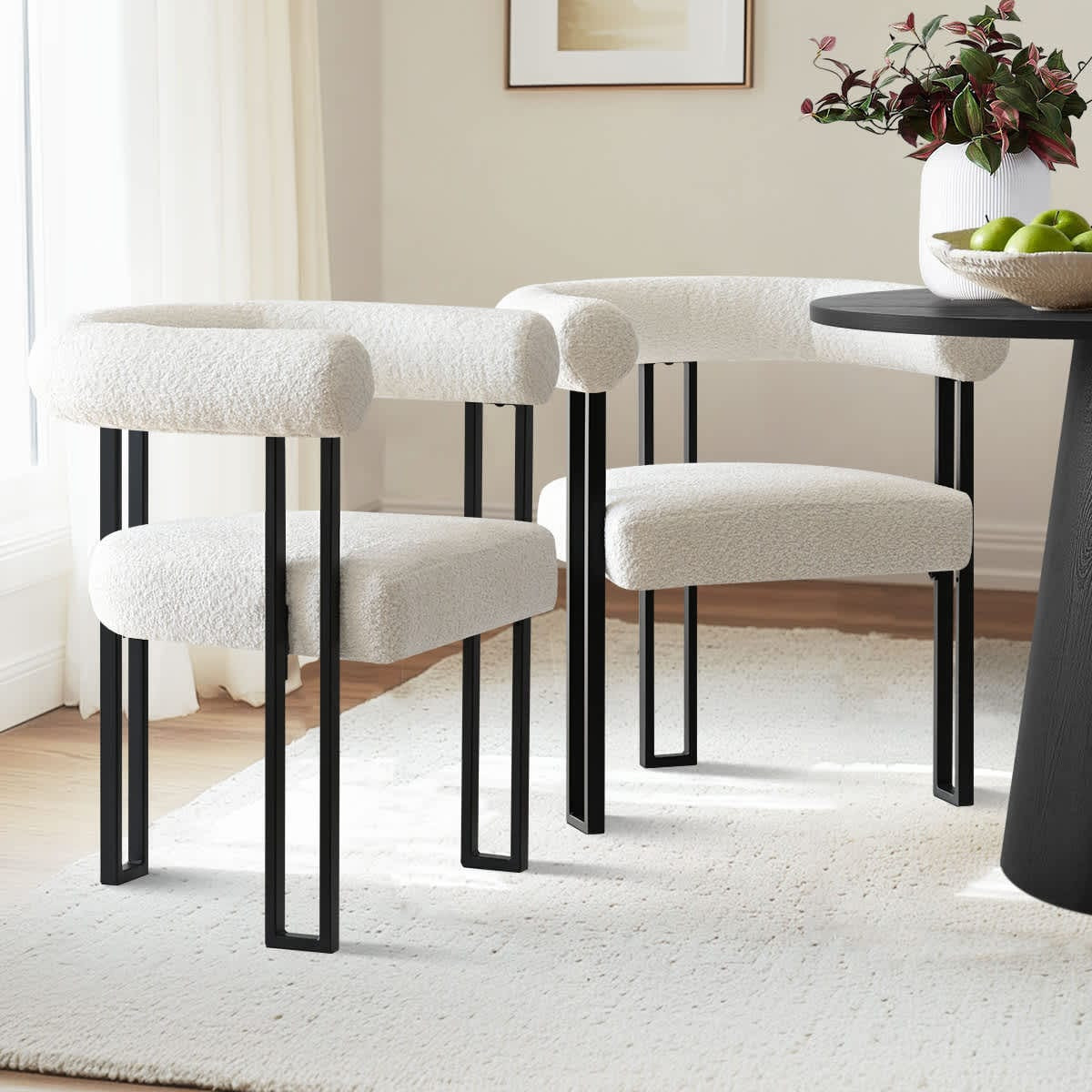 Maison Boucle Set of 2 Beige Boucle Dining Chairs with Open Back and U-Shaped Black Metal Legs for Breakfast Nook one_size in White | Lowe's