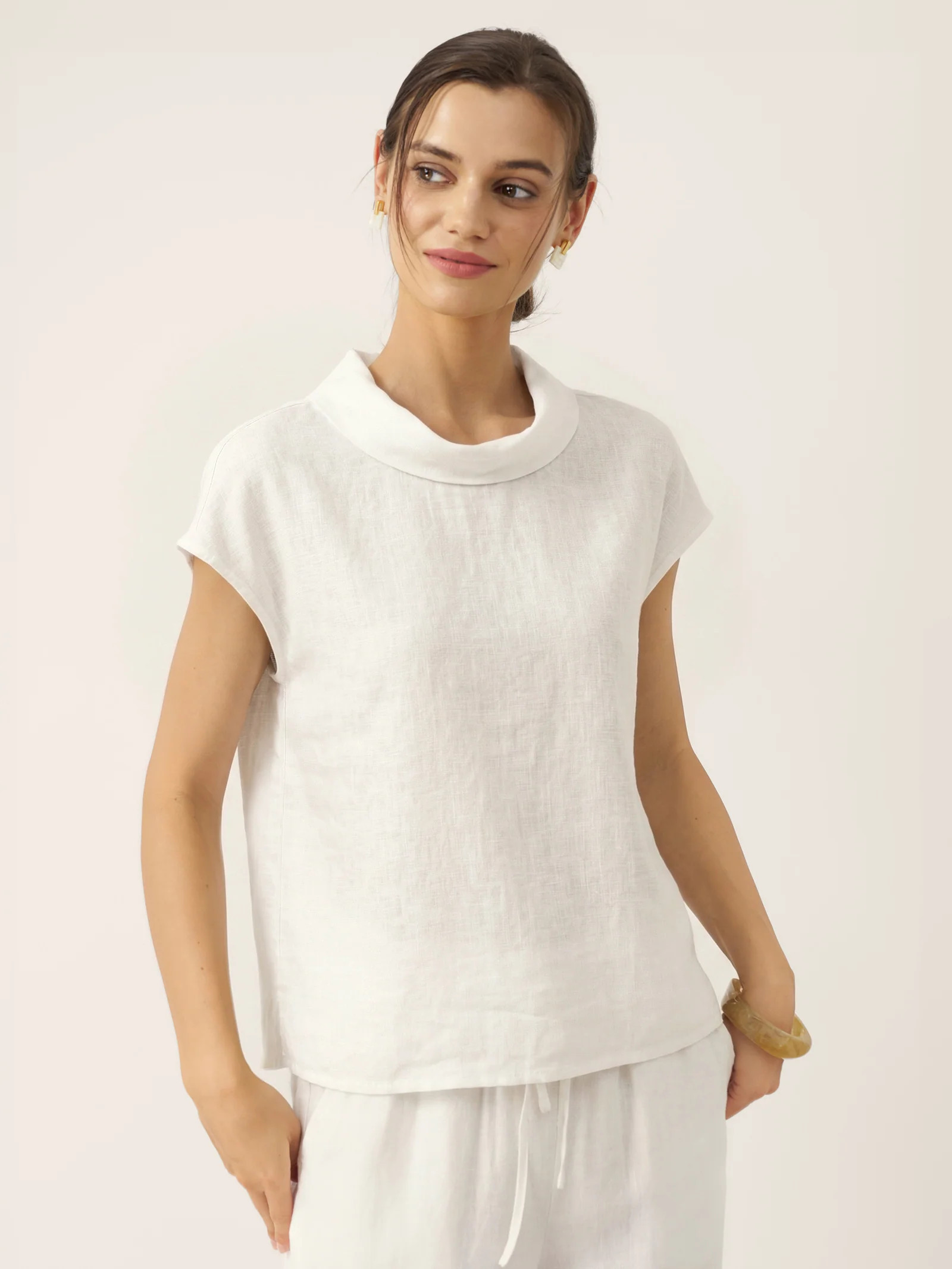 100% Linen Cap Sleeve Soft-Fold Collar Top YVONNE | LINTICO