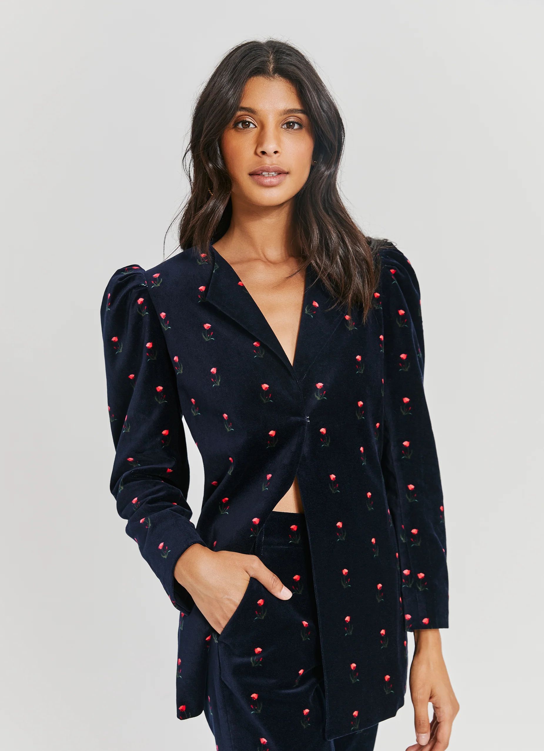 Velvet Puff Shoulder Blazer | Something Navy