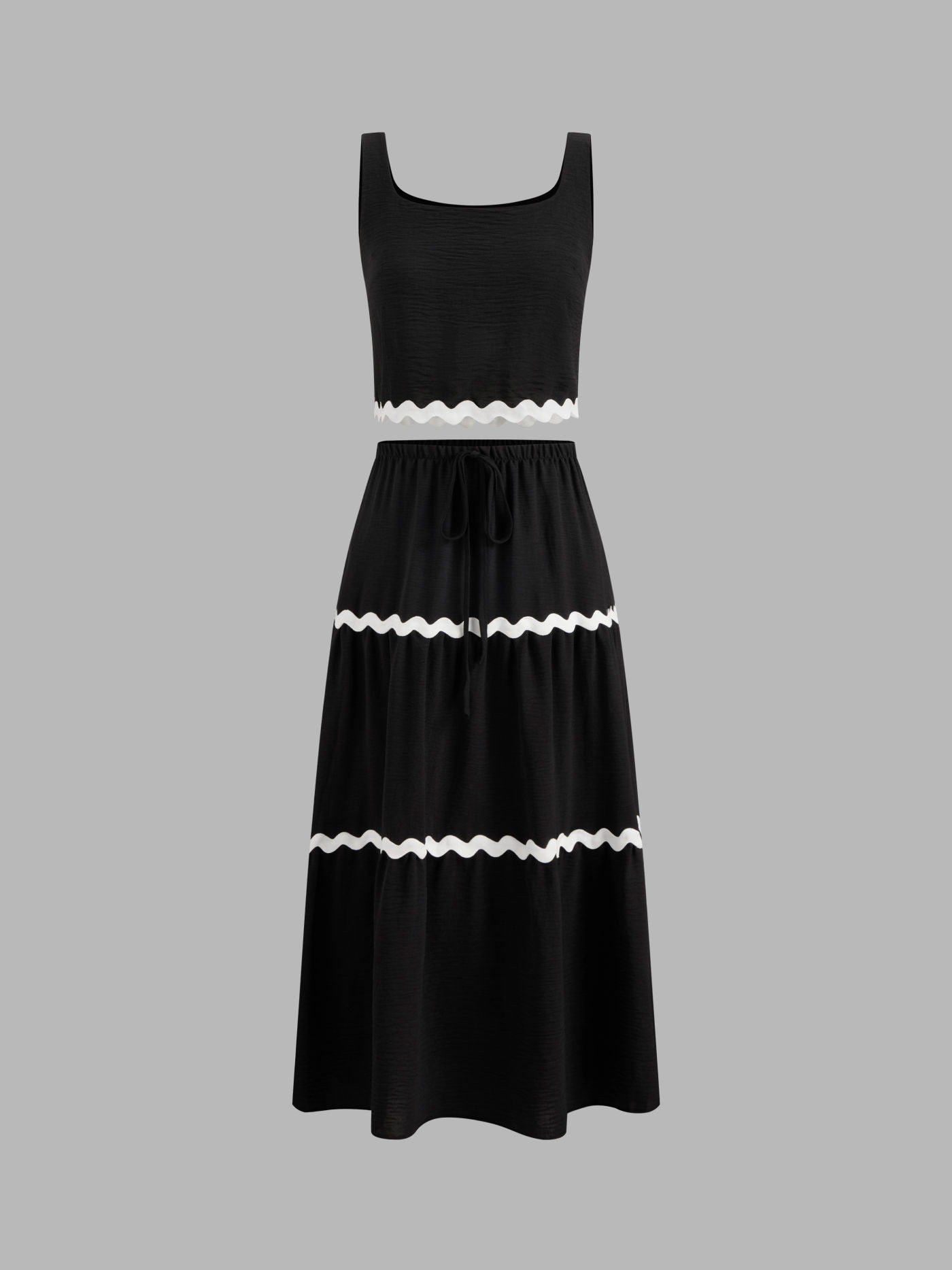 Woven Scoop Neckline Contrasting Binding Tank Top With Mid Rise Tiered Maxi Skirt For Daily Casua... | Cider