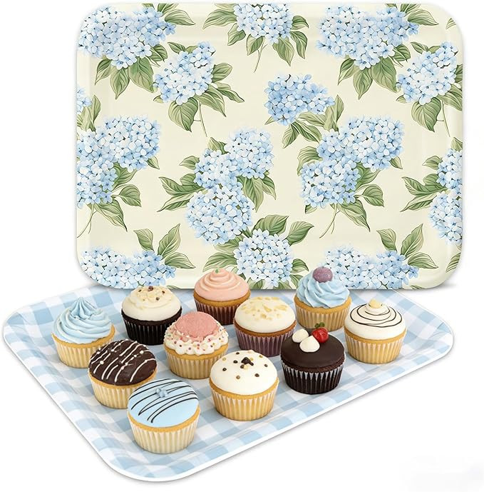 2 Pcs Hydrangea Flower Serving Trays Melamine Platter Spring Summer Blue Plaid Floral Serving Dis... | Amazon (US)