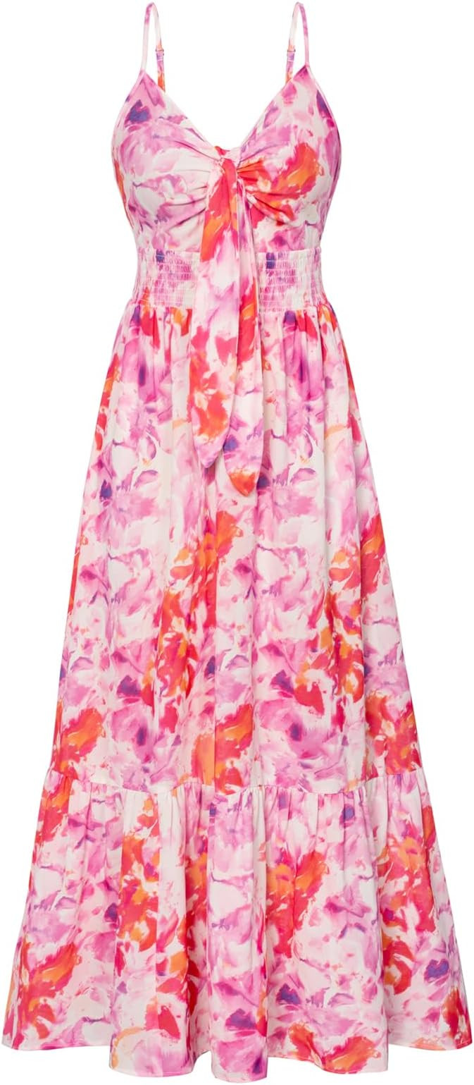 GRACE KARIN Women's 2024 Summer Beach Dress Floral V Neck Tie Front Spaghetti Strap Flowy Long Dr... | Amazon (US)