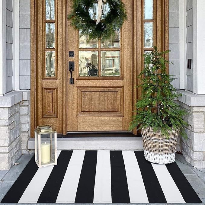 KOZYFLY Black and White Area Rug 27.5x43 Inches Striped Front Door Rug Cotton Washable Indoor Out... | Amazon (US)