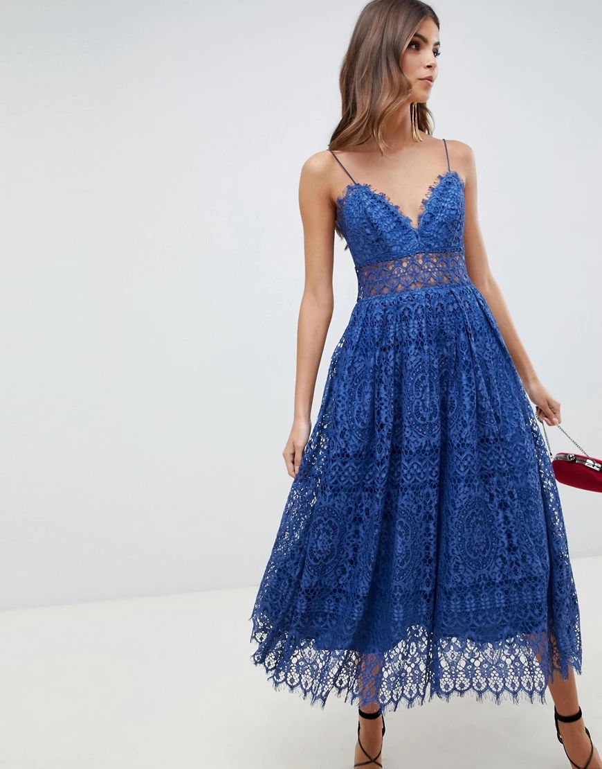 ASOS DESIGN lace cami midi prom dress-Blue | ASOS (Global)