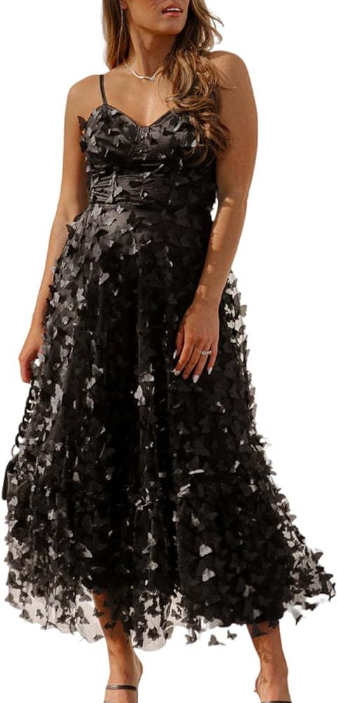 BBIQI Women Spaghetti Strap Maxi Dress,3D Butterflies Sheer Mesh Summer Long Slip Dress Flowy Fit... | Amazon (US)