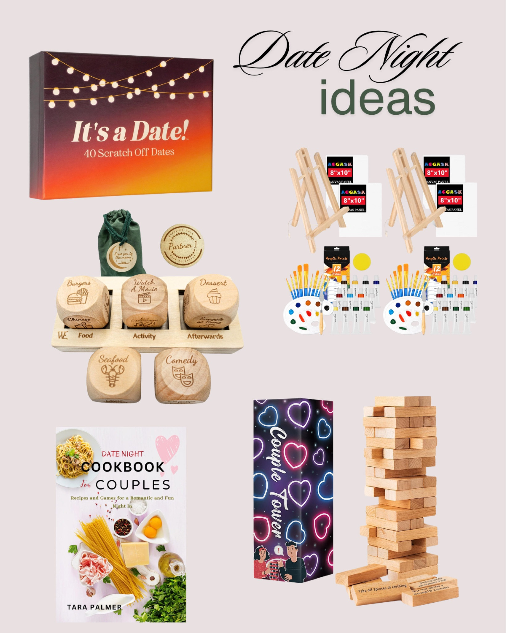 Date night ideas, scratch off dates, date night dice, paint kit, date night jenga, couples cookbook 

#LTKFindsUnder50 #LTKGiftGuide #LTKSeasonal