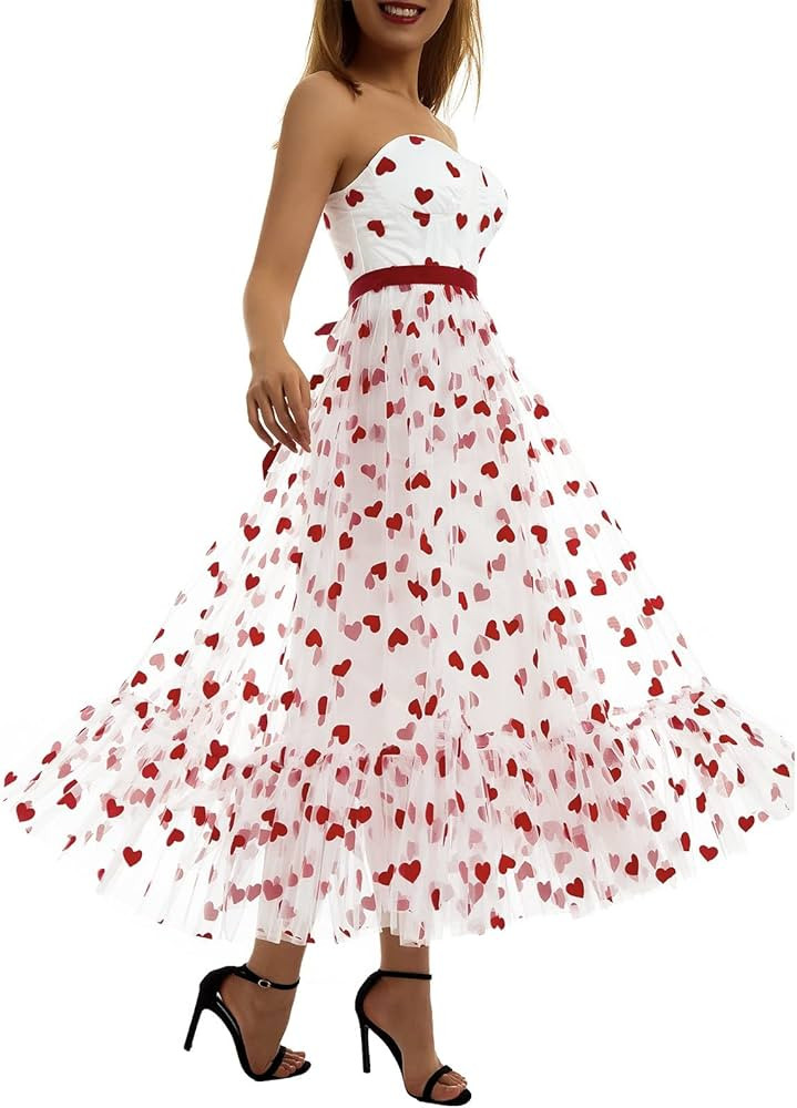 Women Love Heart Tulle Dress Sexy Off Shoulder Mesh Fluffy Layered Wedding Valentine's Day Party Dat | Amazon (US)