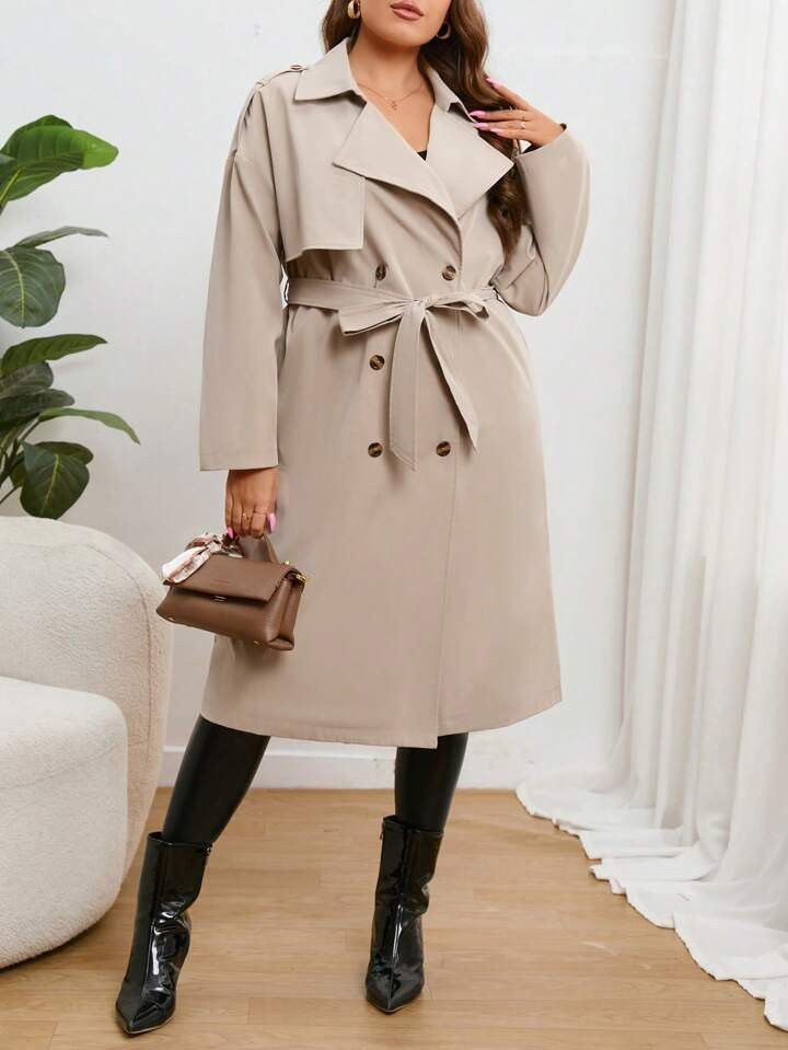SHEIN Privé Plus Double Breasted Belted Trench Coat | SHEIN