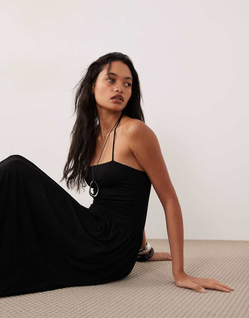 ASOS DESIGN drop wait halter neck sundress in black | ASOS (Global)